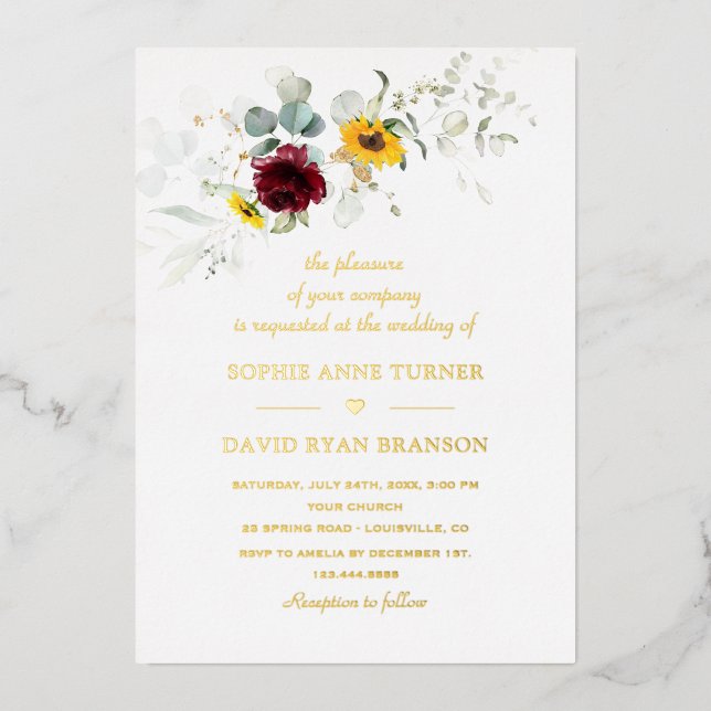Airy Greenery Sunflowers Burgundy Gold Wedding Foil Invitation (Front)
