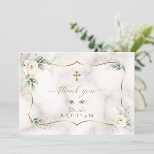 Airy Greenery White Floral Gold Marble Baptism Thank You Card