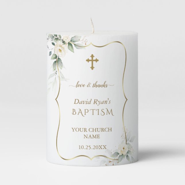Airy Greenery White Flowers Boy Christening  Pillar Candle (Front)