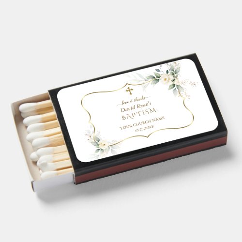 Airy Greenery White Flowers Gold Boy Baptism Matchboxes