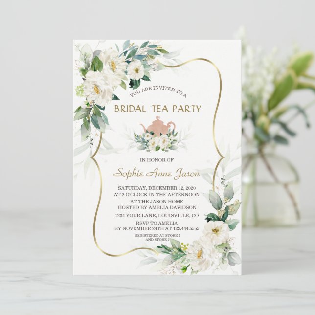 Airy Greenery White Flowers Gold Bridal Shower Invitation (Standing Front)