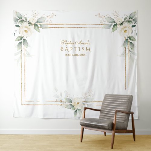 Airy Greenery White Flowers Photo Prop Baptism Tapestry
