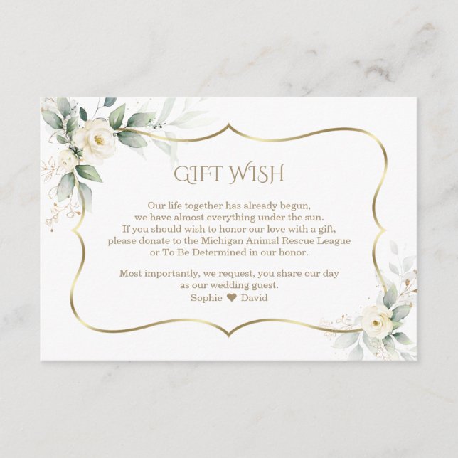 Airy Greenery White Rose Gold Wedding Gift Wish    Enclosure Card (Front)