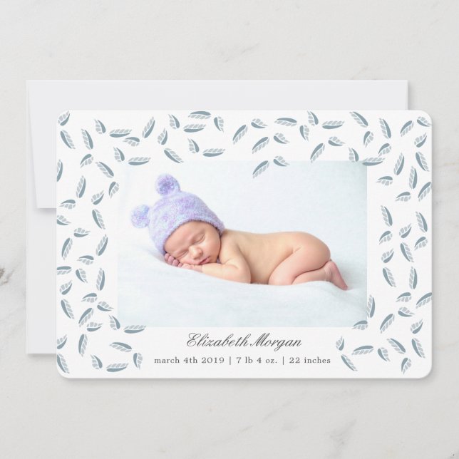 Airy Leaves blue | birth announcement card (Front)