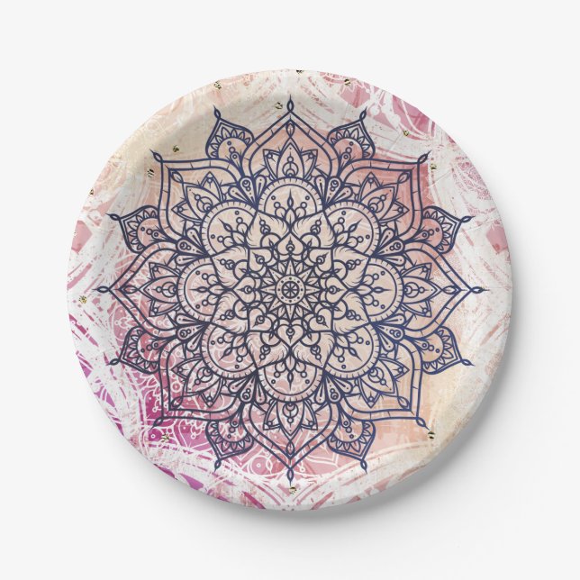 Airy Mandala Happy Pink Purple Yellow Blue & Gold Paper Plates (Front)