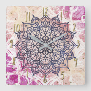 Airy Mandala Happy Pink Purple Yellow Blue & Gold Square Wall Clock