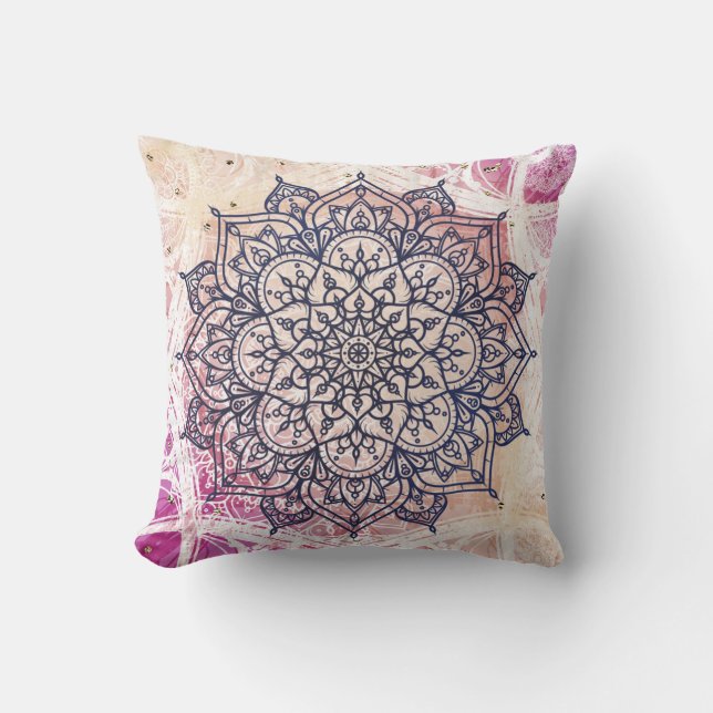 Airy Mandala Happy Pink Purple Yellow Blue & Gold Throw Pillow (Front)