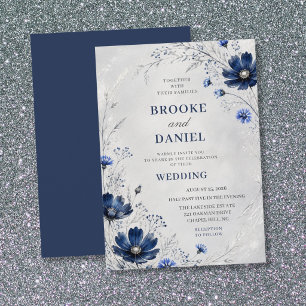 Airy Navy Cosmos Wildflower Silver Wedding Invitation