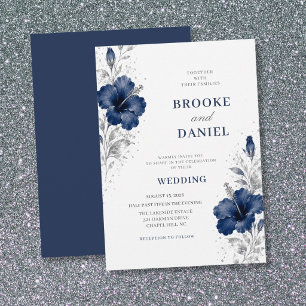 Airy Navy Hibiscus Silver Sparkle Wedding Invitation