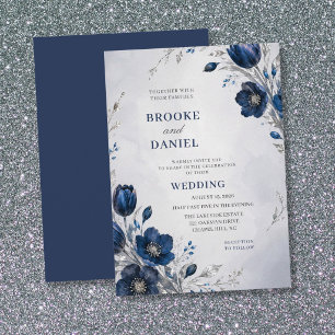 Airy Navy Tulip Hellebore Silver Glitter Wedding Invitation