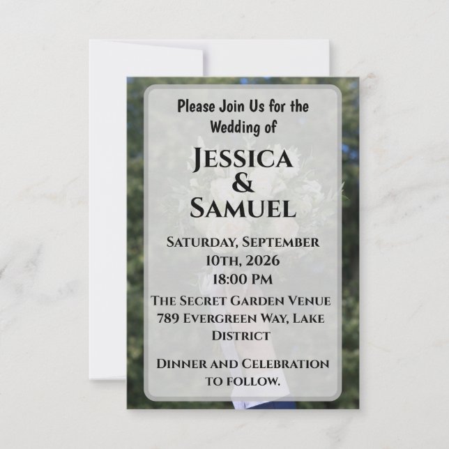 Airy Outdoor Wedding Invitation with White Roses (Front)