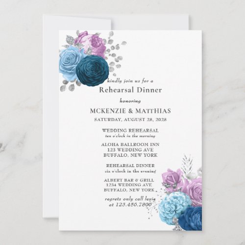 Airy Pink and Blue Glitter Peony Rehearsal Dinner Invitation
