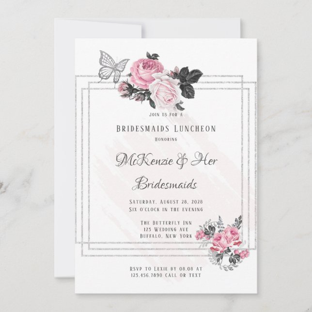 Airy Pink Black Peony Silver Bridesmaids Luncheon Invitation (Front)
