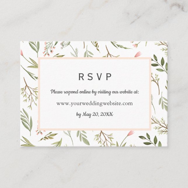 Airy Pink wildflowers Wedding  RSVP Online Website Business Card (Front)
