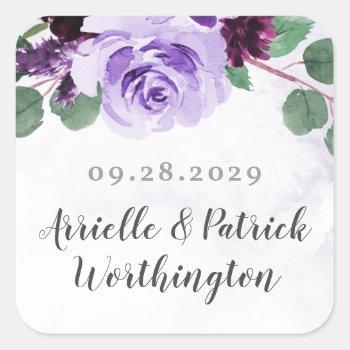 Airy Purple And Silver Floral Elegant Wedding Square Sticker by RusticWeddings at Zazzle