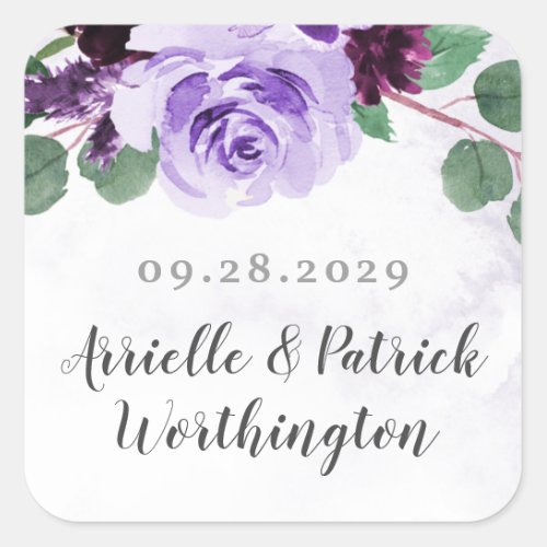 Airy Purple and Silver Floral Elegant Wedding Square Sticker