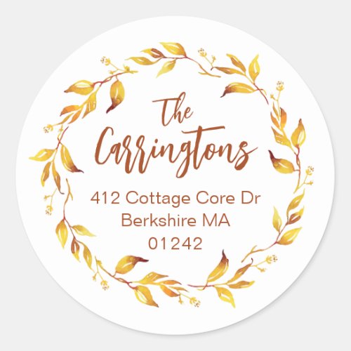 Airy Watercolor Fall Leaves Wreath Return Address  Classic Round Sticker