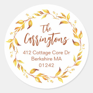 Airy Watercolor Fall Leaves Wreath Return Address Classic Round Sticker