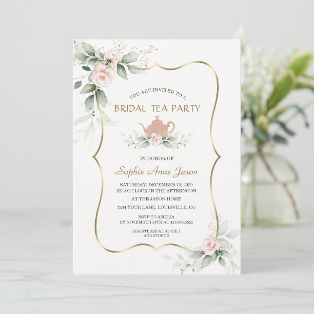 Airy Watercolor Pink Floral Gold Bridal Tea Party Invitation (Standing Front)