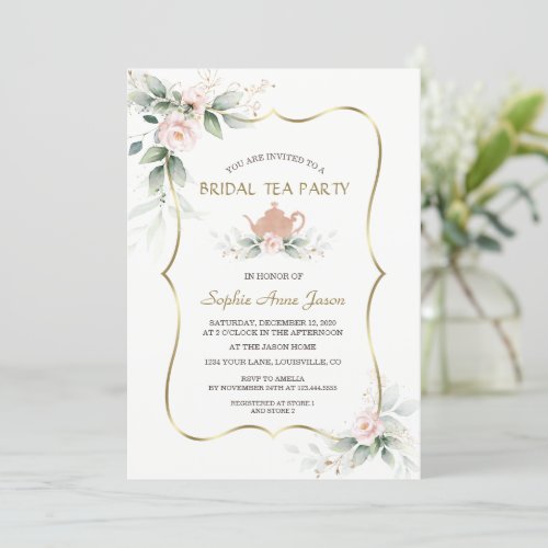 Airy Watercolor Pink Floral Gold Bridal Tea Party Invitation