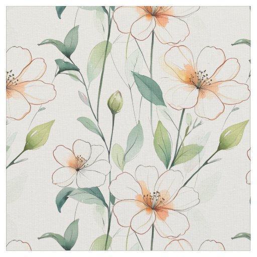 Airy White Flowers Greenery Pattern Blossom Floral Fabric