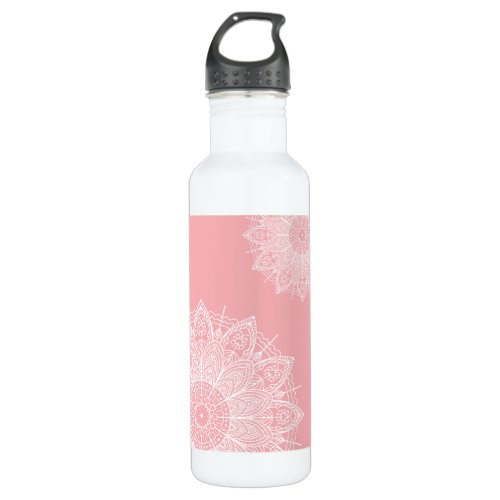 Airy White Mandalas Over Coral Pink Personalized Stainless Steel Water Bottle