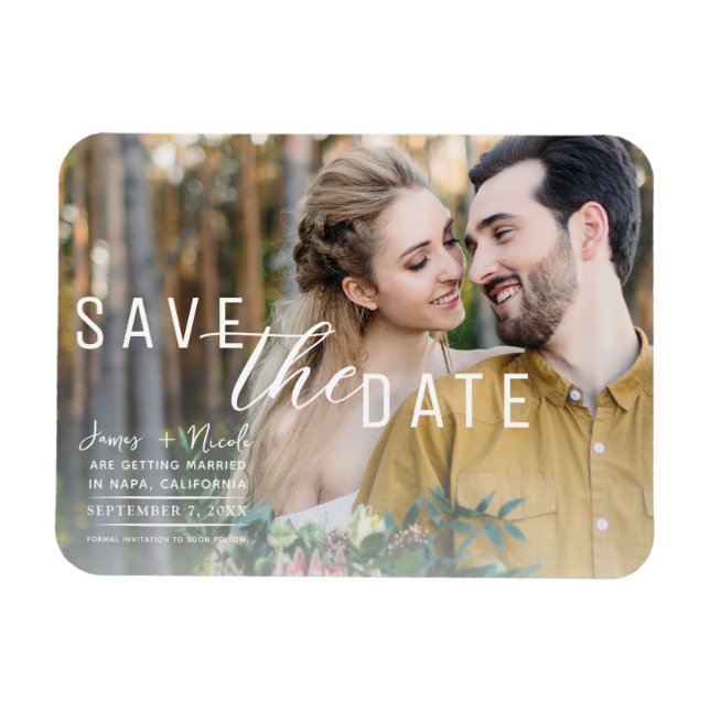 Airy White Overlay Photo Save the Date Wedding Magnet (Horizontal)