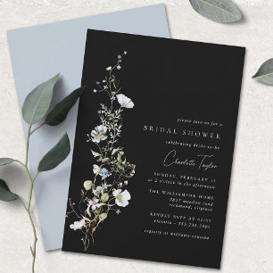 Airy Wildflower Black Blue Floral Bridal Shower Invitation