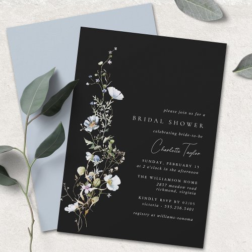 Airy Wildflower  Black Blue Floral Bridal Shower Invitation