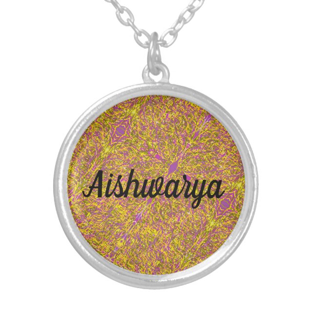 Aishwarya name cursive abstract art background silver plated necklace (Front)