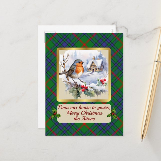Aiton Tartan w/Robin Personalized   Holiday Postcard (Front/Back In Situ)