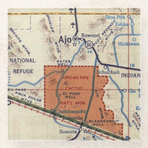 Ajo Arizona and Organ Pipe National Monument Map Glass Coaster