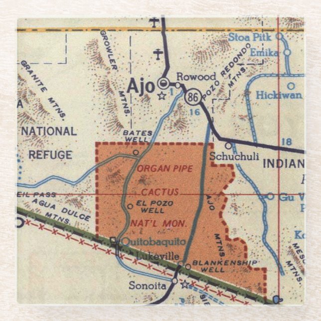 Ajo Arizona and Organ Pipe National Monument Map Glass Coaster (Front)