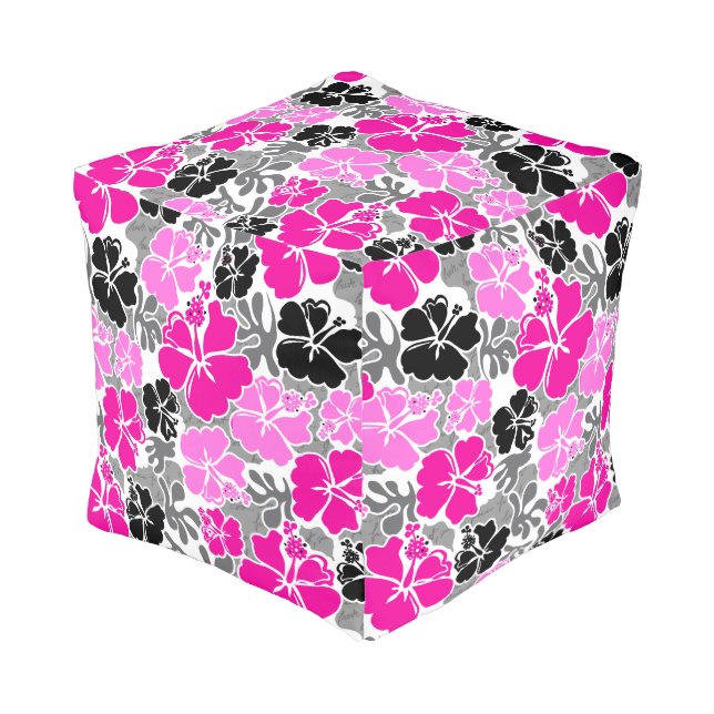 Akahai Hawaiian Hibiscus Tropical Floral Pouf (Angled Front)