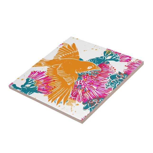 Akepa and Lehua Hawaiian pattern decor Pillow Ceramic Tile (Side)