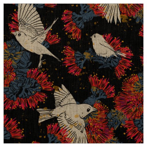 Akepa and Lehua Hawaiian pattern on Linen Fabric