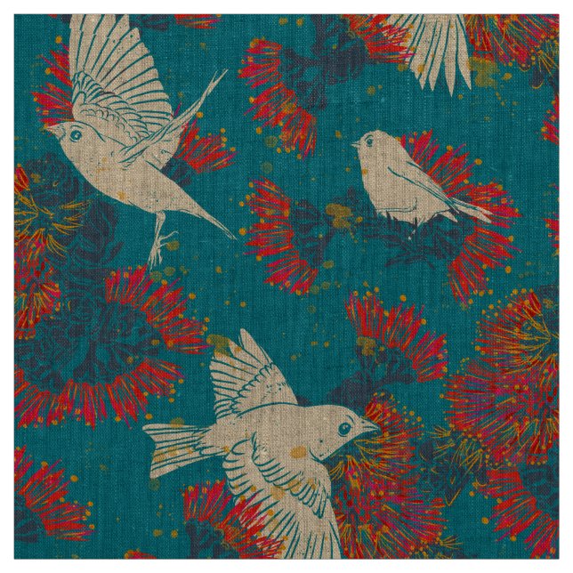 Akepa and Lehua Hawaiian pattern on Linen Fabric (Swatch)