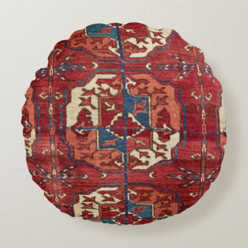 Akhal Oasis Red Stars II Blue Star Medallion  Round Pillow