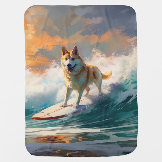 Akita Beach Surfing Painting Baby Blanket (Front)