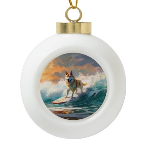 Akita Beach Surfing Painting Ceramic Ball Christmas Ornament