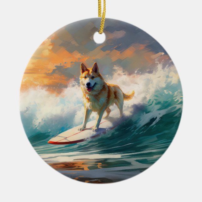 Akita Beach Surfing Painting Ceramic Ornament (Front)