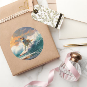 Akita Beach Surfing Painting Classic Round Sticker