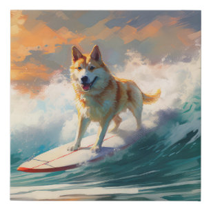 Akita Beach Surfing Painting Faux Canvas Print