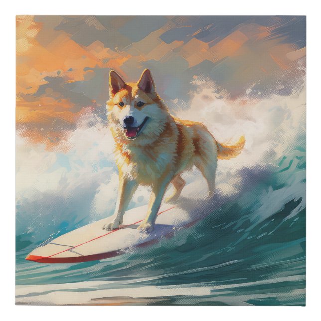 Akita Beach Surfing Painting Faux Canvas Print (Front)