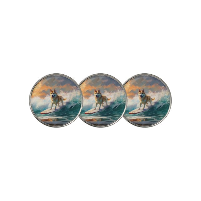 Akita Beach Surfing Painting Golf Ball Marker (3 Up)
