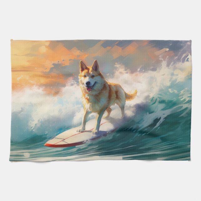 Akita Beach Surfing Painting Kitchen Towel (Horizontal)