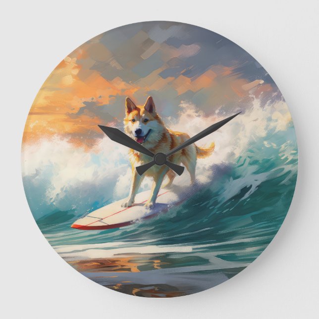 Akita Beach Surfing Painting Large Clock (Front)
