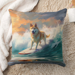 Akita Beach Surfing Painting Throw Pillow