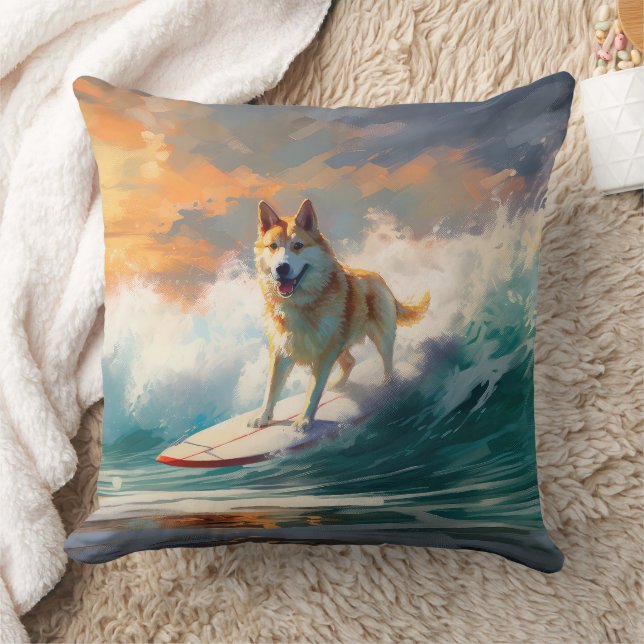 Akita Beach Surfing Painting Throw Pillow (Blanket)