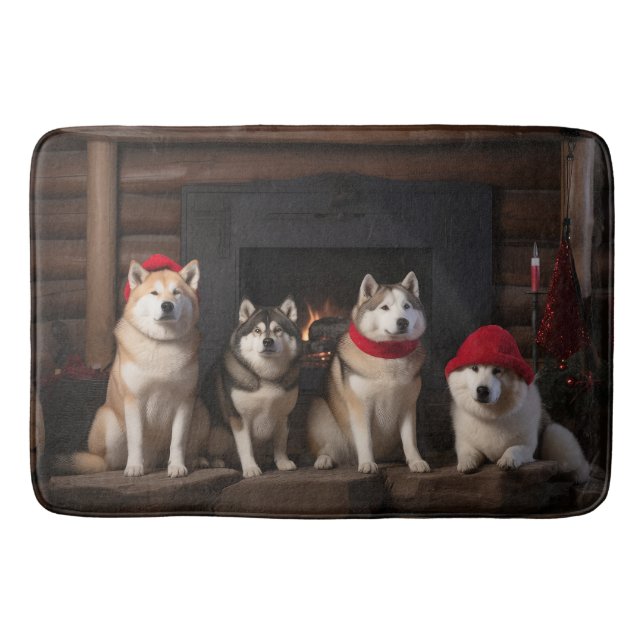 Akita by the Fireplace Christmas  Bath Mat (Front)